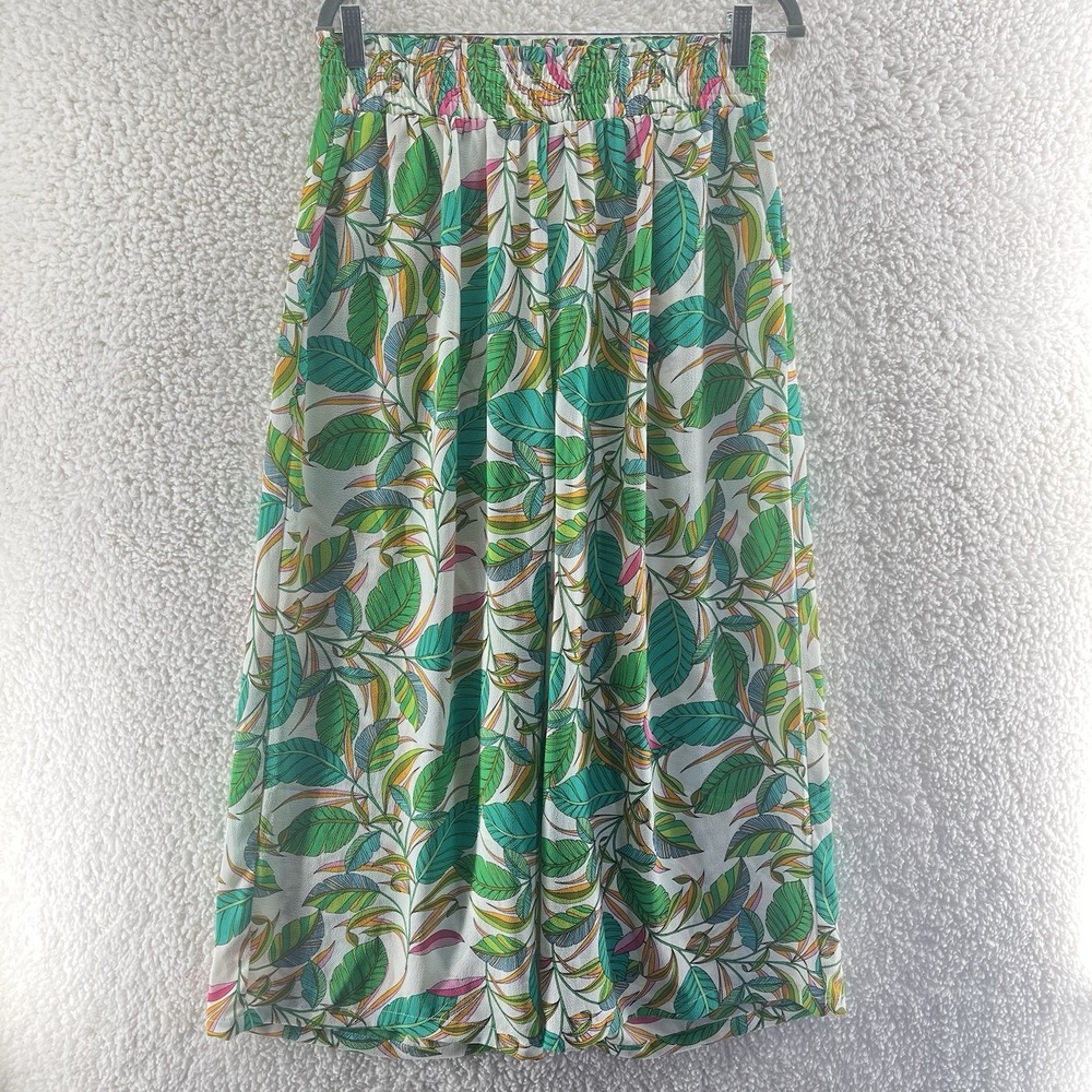 Rose + Olive Wide Leg Pants 1X Green‎ Tropical Pull On Elastic Resort Vacation